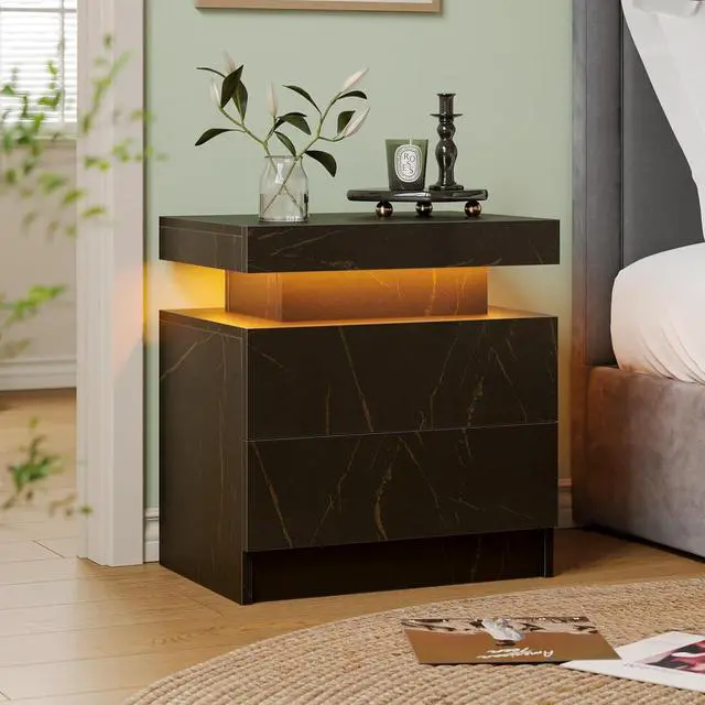 Alt view image 5 of 7 - LED Nightstand Set of 2,Modern Night Stand Set 2,Multi-Color LED Light Strip,Slient Slide Drawer,Large Capacity Storage,Small Space Solution,Bedside Table for Bedroom,Black Gold