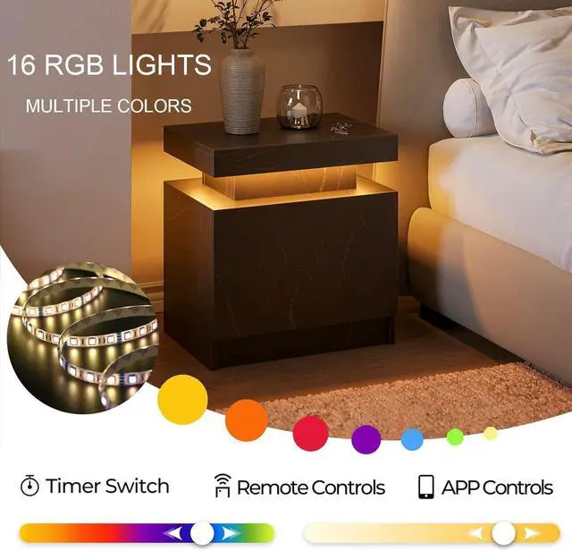 Alt view image 6 of 7 - LED Nightstand Set of 2,Modern Night Stand Set 2,Multi-Color LED Light Strip,Slient Slide Drawer,Large Capacity Storage,Small Space Solution,Bedside Table for Bedroom,Black Gold