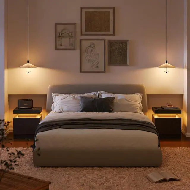 Alt view image 7 of 7 - LED Nightstand Set of 2,Modern Night Stand Set 2,Multi-Color LED Light Strip,Slient Slide Drawer,Large Capacity Storage,Small Space Solution,Bedside Table for Bedroom,Black Gold