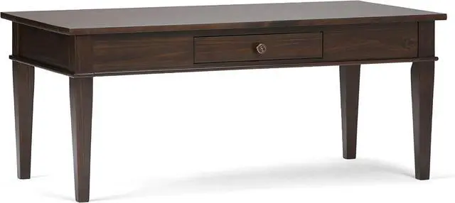 Main image of SIMPLIHOME Carlton Coffee Table - 44 inch Wide Solid Wood Transitional Cocktail Table in Dark Tobacco Brown, Classic Living Room Table with Open Storage Shelf and Clean-Lined Tapered Leg Design