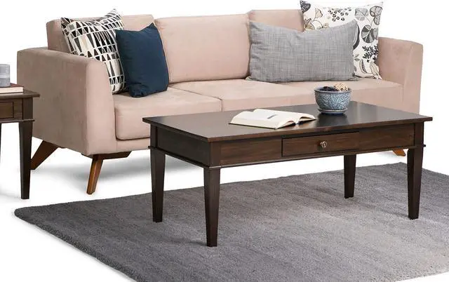 Alt view image 3 of 7 - SIMPLIHOME Carlton Coffee Table - 44 inch Wide Solid Wood Transitional Cocktail Table in Dark Tobacco Brown, Classic Living Room Table with Open Storage Shelf and Clean-Lined Tapered Leg Design