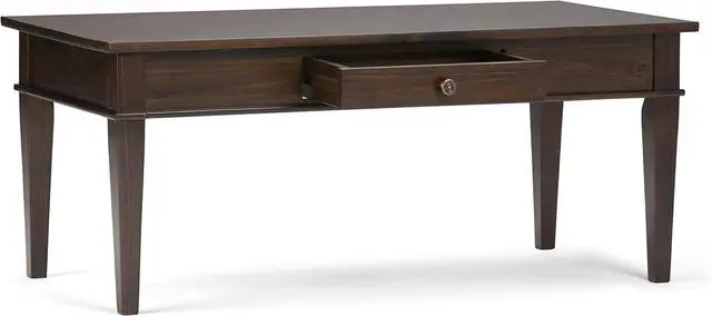 Alt view image 4 of 7 - SIMPLIHOME Carlton Coffee Table - 44 inch Wide Solid Wood Transitional Cocktail Table in Dark Tobacco Brown, Classic Living Room Table with Open Storage Shelf and Clean-Lined Tapered Leg Design