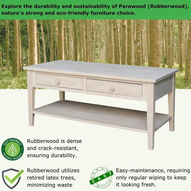 Alt view image 3 of 7 - IC International Concepts, Spencer Coffee Table, Solid Wood, Real Parawood, 48" W x 24" D x 19" H, Easy Assembly, DIY, Paint or Stain Your Way, Unfinished