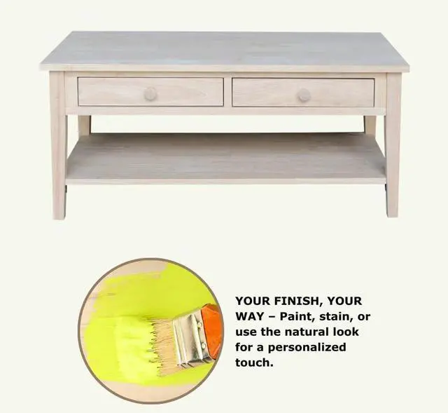 Alt view image 5 of 7 - IC International Concepts, Spencer Coffee Table, Solid Wood, Real Parawood, 48" W x 24" D x 19" H, Easy Assembly, DIY, Paint or Stain Your Way, Unfinished