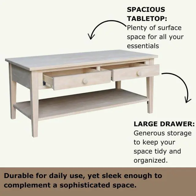 Alt view image 4 of 7 - IC International Concepts, Spencer Coffee Table, Solid Wood, Real Parawood, 48" W x 24" D x 19" H, Easy Assembly, DIY, Paint or Stain Your Way, Unfinished