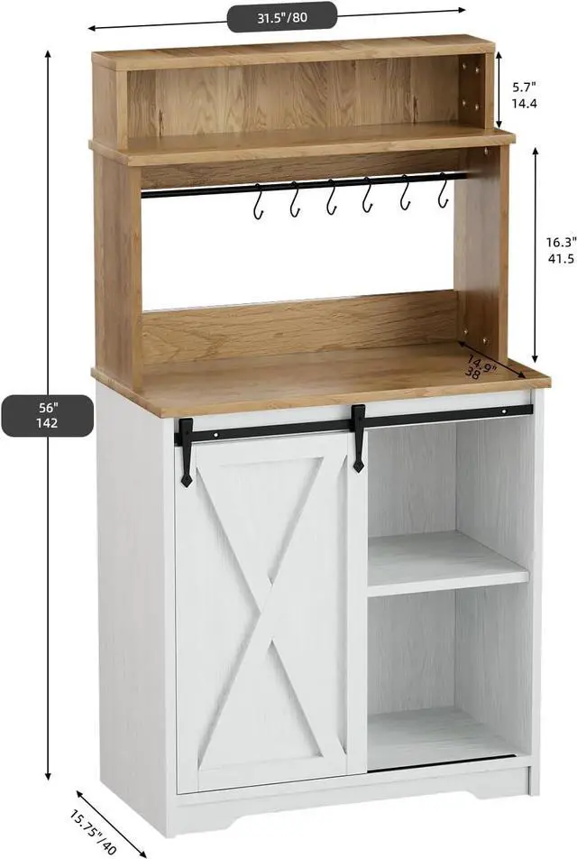 Alt view image 2 of 7 - Farmhouse Coffee Station with 3 Tier Storage Hutch & 6 Hooks - 56 Inch Small Coffee Bar Table with Adjustable Shelves for Living/Dining Room
