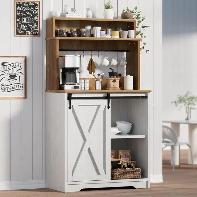Main image of Farmhouse Coffee Station with 3 Tier Storage Hutch & 6 Hooks - 56 Inch Small Coffee Bar Table with Adjustable Shelves for Living/Dining Room