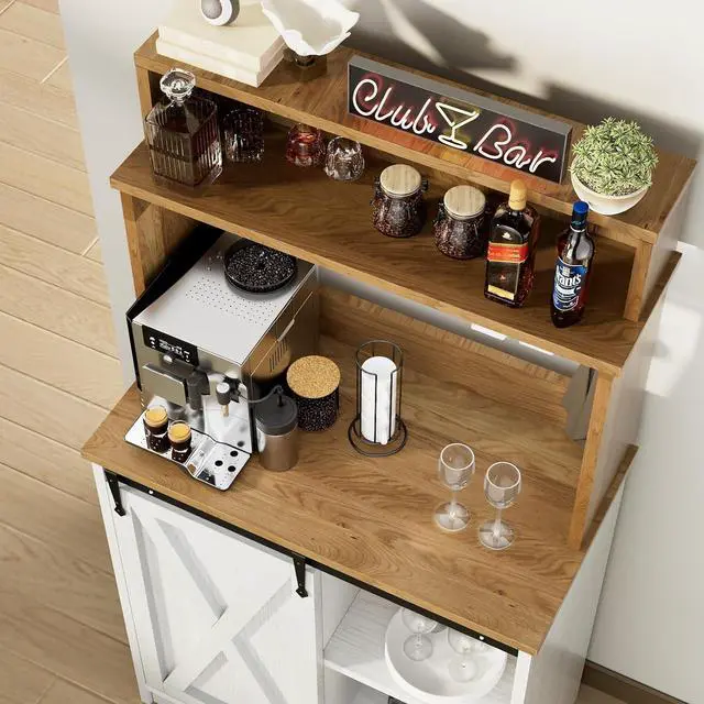 Alt view image 3 of 7 - Farmhouse Coffee Station with 3 Tier Storage Hutch & 6 Hooks - 56 Inch Small Coffee Bar Table with Adjustable Shelves for Living/Dining Room