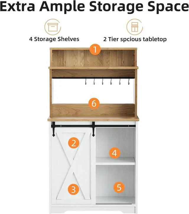 Alt view image 4 of 7 - Farmhouse Coffee Station with 3 Tier Storage Hutch & 6 Hooks - 56 Inch Small Coffee Bar Table with Adjustable Shelves for Living/Dining Room