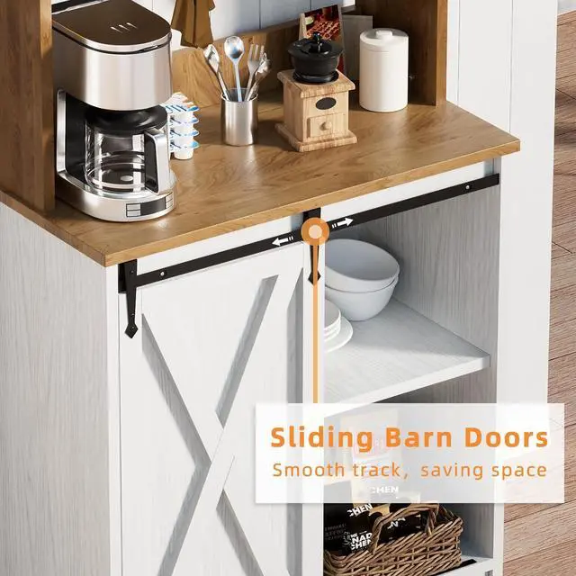 Alt view image 6 of 7 - Farmhouse Coffee Station with 3 Tier Storage Hutch & 6 Hooks - 56 Inch Small Coffee Bar Table with Adjustable Shelves for Living/Dining Room