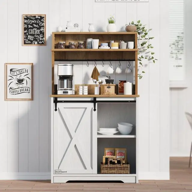 Alt view image 5 of 7 - Farmhouse Coffee Station with 3 Tier Storage Hutch & 6 Hooks - 56 Inch Small Coffee Bar Table with Adjustable Shelves for Living/Dining Room