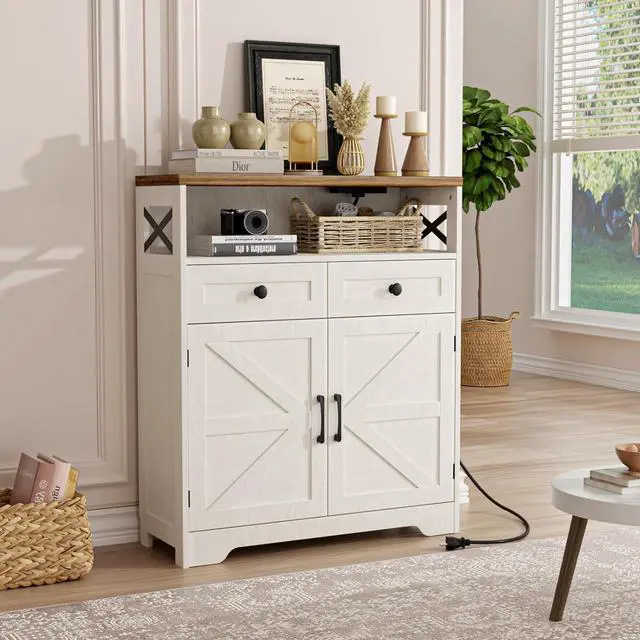 Main image of 31.5" White Storage Cabinet with Doors and Drawers, Farmhouse Sideboard Buffet Cabinet with Storage, Kitchen Pantry Hutch, Coffee Bar Table Station for Kitchen, Livingroom, Dining Room