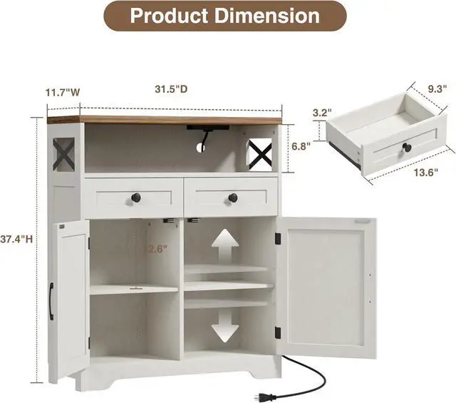 Alt view image 2 of 7 - 31.5" White Storage Cabinet with Doors and Drawers, Farmhouse Sideboard Buffet Cabinet with Storage, Kitchen Pantry Hutch, Coffee Bar Table Station for Kitchen, Livingroom, Dining Room