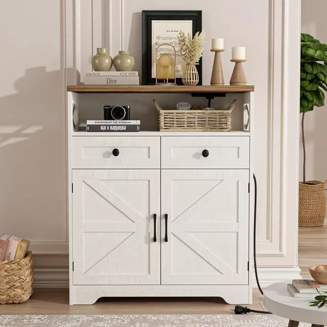 Alt view image 3 of 7 - 31.5" White Storage Cabinet with Doors and Drawers, Farmhouse Sideboard Buffet Cabinet with Storage, Kitchen Pantry Hutch, Coffee Bar Table Station for Kitchen, Livingroom, Dining Room