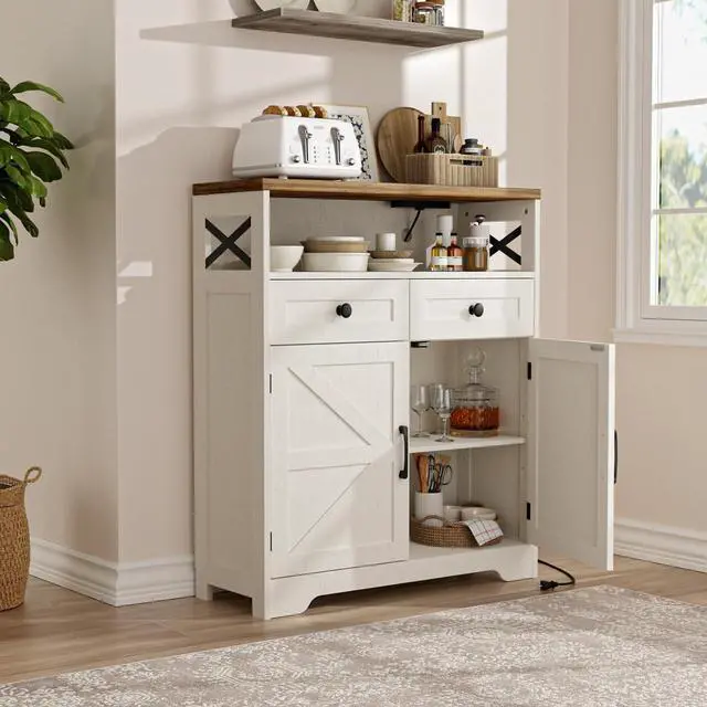 Alt view image 4 of 7 - 31.5" White Storage Cabinet with Doors and Drawers, Farmhouse Sideboard Buffet Cabinet with Storage, Kitchen Pantry Hutch, Coffee Bar Table Station for Kitchen, Livingroom, Dining Room