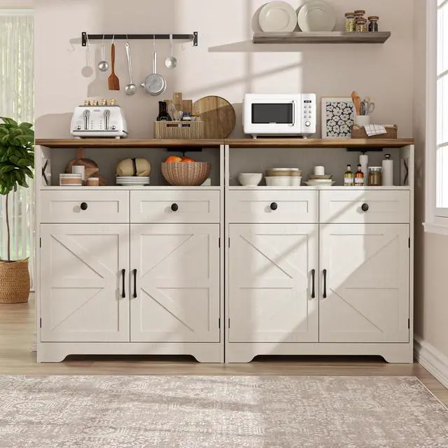 Alt view image 5 of 7 - 31.5" White Storage Cabinet with Doors and Drawers, Farmhouse Sideboard Buffet Cabinet with Storage, Kitchen Pantry Hutch, Coffee Bar Table Station for Kitchen, Livingroom, Dining Room