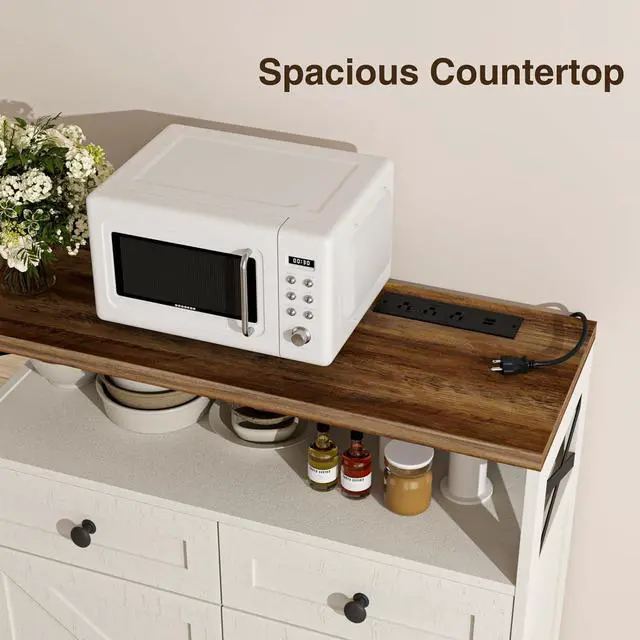 Alt view image 6 of 7 - 31.5" White Storage Cabinet with Doors and Drawers, Farmhouse Sideboard Buffet Cabinet with Storage, Kitchen Pantry Hutch, Coffee Bar Table Station for Kitchen, Livingroom, Dining Room