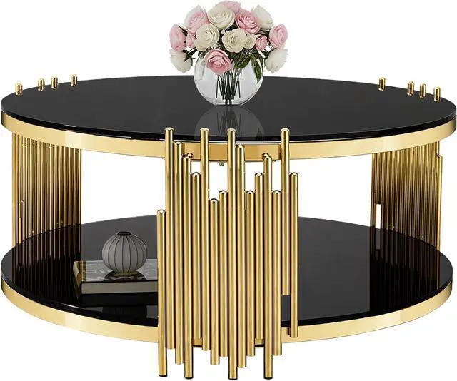 Alt view image 7 of 7 - Black Glass Coffee Table 36" Modern Luxury Round Living Room Table, Gold Stainless Steel Irregular Artistic Leg & Circle Tempered Glass Top, Large
