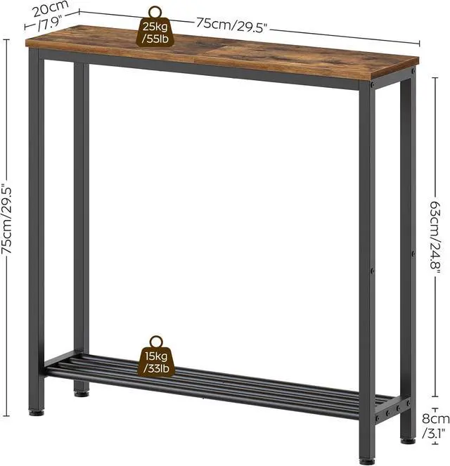 Alt view image 3 of 7 - Narrow Console Table, 2-Tier Small Sofa Table, 29.5" Thin Entryway Behind Couch Table with Shelves, Industrial Hallway Table, for Living Room, Foyer, Rustic Brown and Black CT03BR