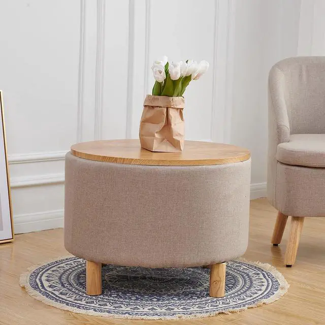 Main image of Morden Round Ottoman with StorageCoffee Table and Solid Wood Legs with Removable Wooden Lid Tray Sofa Ottoman Side Table for Bedroom Living RoomOffice (Cream)