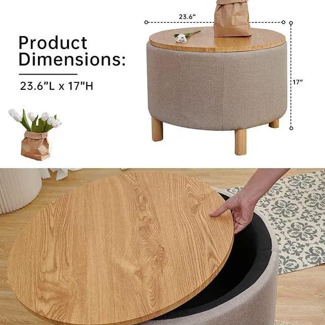 Alt view image 2 of 7 - Morden Round Ottoman with StorageCoffee Table and Solid Wood Legs with Removable Wooden Lid Tray Sofa Ottoman Side Table for Bedroom Living RoomOffice (Cream)