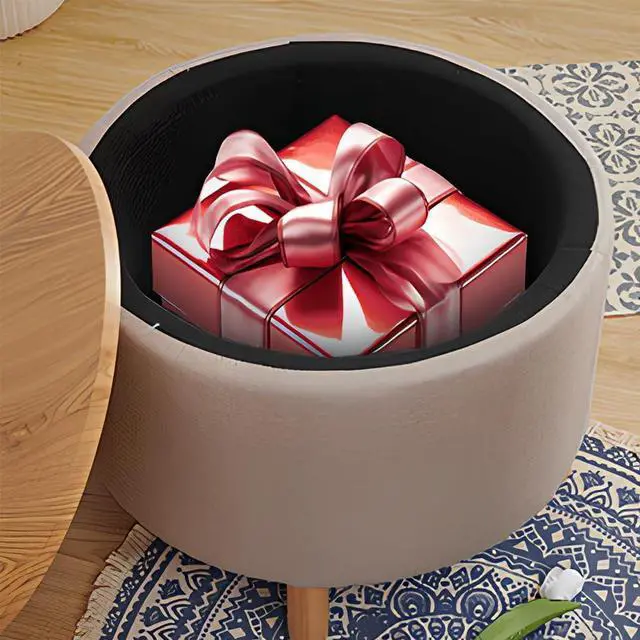 Alt view image 5 of 7 - Morden Round Ottoman with StorageCoffee Table and Solid Wood Legs with Removable Wooden Lid Tray Sofa Ottoman Side Table for Bedroom Living RoomOffice (Cream)