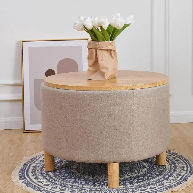 Alt view image 6 of 7 - Morden Round Ottoman with StorageCoffee Table and Solid Wood Legs with Removable Wooden Lid Tray Sofa Ottoman Side Table for Bedroom Living RoomOffice (Cream)