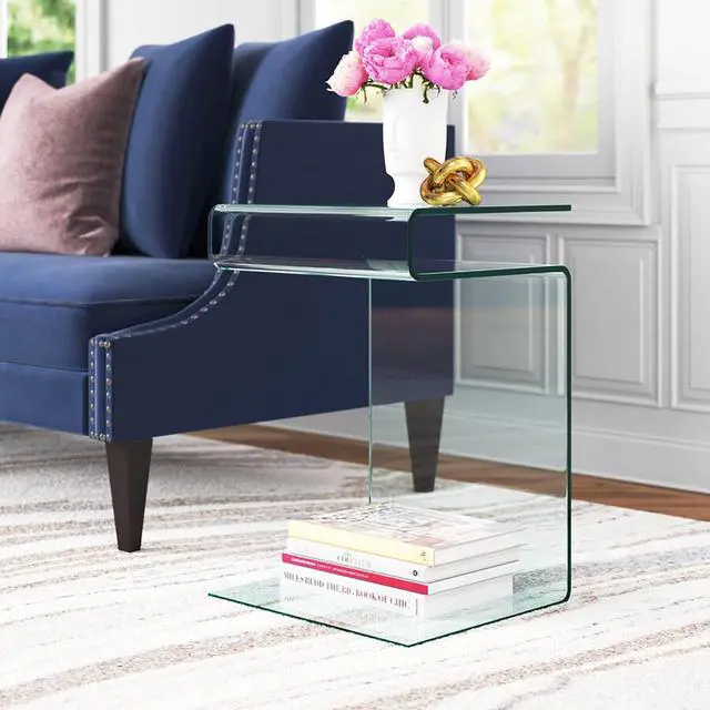 Alt view image 4 of 6 - Glass Nightstand,Side Table,S-Shaped End Table for Living Room,Bedside Table for Bedroom (Clear)