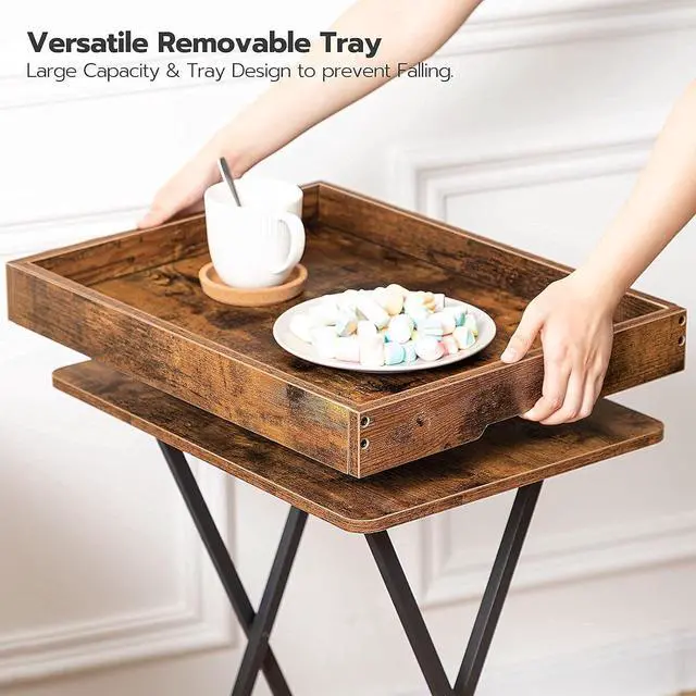 Alt view image 4 of 7 - HOOBRO TV Tray Table, Folding Table with Removable Serving Tray, Stable TV Tray Snack Table for Small Space, Portable End Table, for Snacks and Meals in Living Room, Rustic Brown BF29BZ01