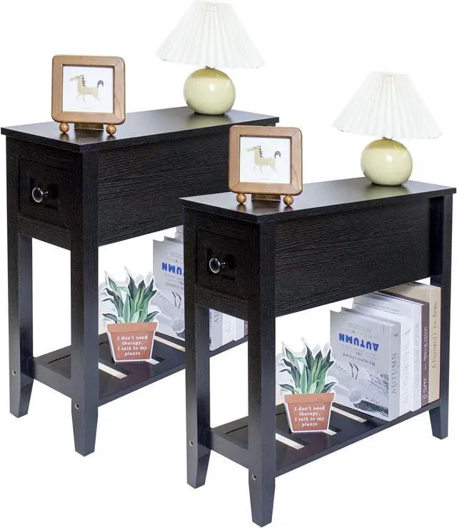Main image of Narrow End Table, Black Couch Table with Drawer, Slim Bed Side Table for Small Space/Night Stand Set of 2, Side Table for Couch