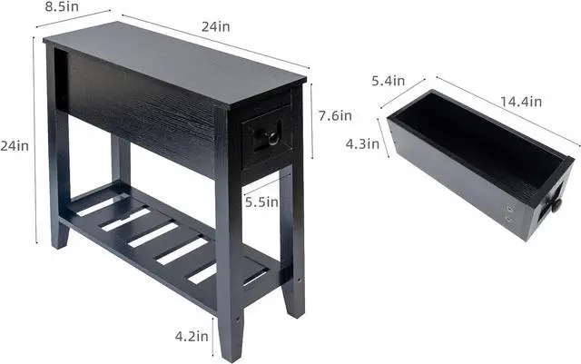 Alt view image 3 of 7 - Narrow End Table, Black Couch Table with Drawer, Slim Bed Side Table for Small Space/Night Stand Set of 2, Side Table for Couch