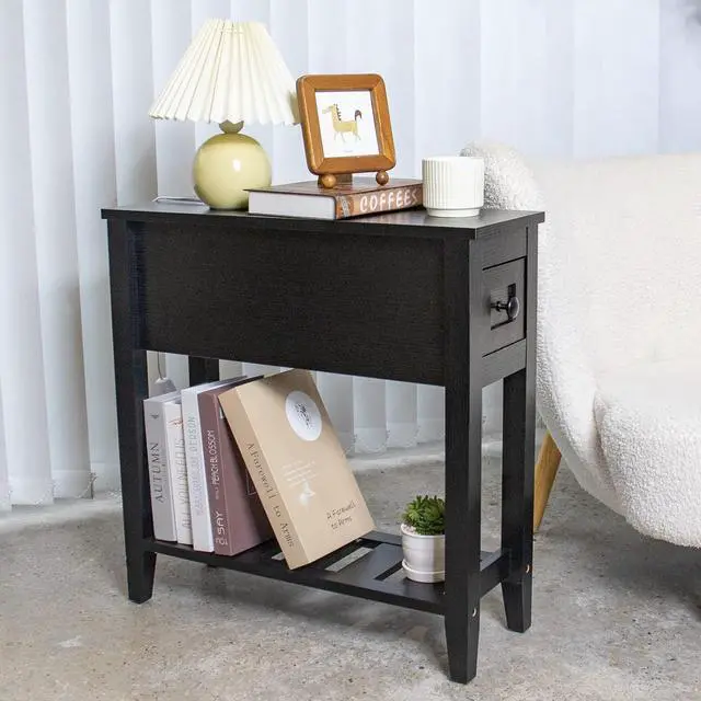 Alt view image 4 of 7 - Narrow End Table, Black Couch Table with Drawer, Slim Bed Side Table for Small Space/Night Stand Set of 2, Side Table for Couch