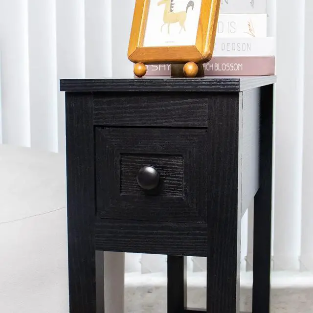 Alt view image 6 of 7 - Narrow End Table, Black Couch Table with Drawer, Slim Bed Side Table for Small Space/Night Stand Set of 2, Side Table for Couch