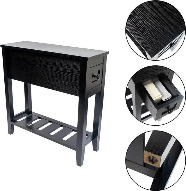 Alt view image 5 of 7 - Narrow End Table, Black Couch Table with Drawer, Slim Bed Side Table for Small Space/Night Stand Set of 2, Side Table for Couch