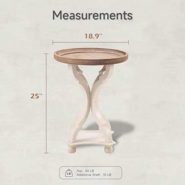 Alt view image 2 of 7 - Rustic Farmhouse Cottagecore Accent End Table, Natural Tray Top Side Table Nightstand for Family, Dinning or Living Room, Handcrafted Finish, Modern, White