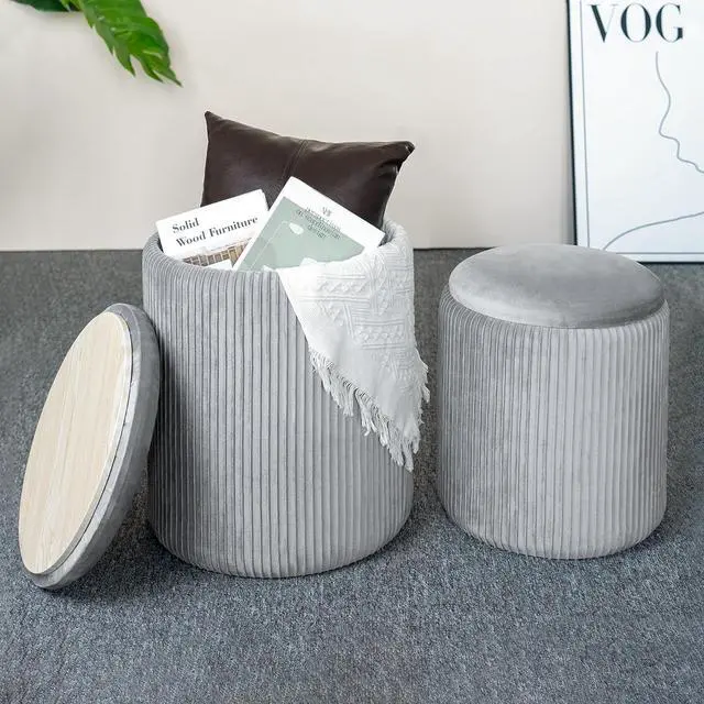 Main image of CAROLMADE Set of 2 Round Ottoman with Storage, Upholstered Vanity Stool Support 300lbs Multifunctional Coffee Table Ottoman Velvet Foot Rest Stool or Living Room Bedroom (Grey)