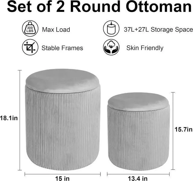 Alt view image 2 of 6 - CAROLMADE Set of 2 Round Ottoman with Storage, Upholstered Vanity Stool Support 300lbs Multifunctional Coffee Table Ottoman Velvet Foot Rest Stool or Living Room Bedroom (Grey)