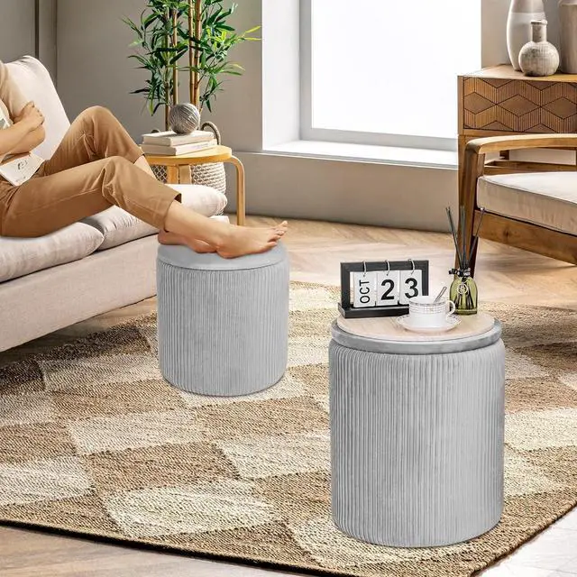 Alt view image 3 of 6 - CAROLMADE Set of 2 Round Ottoman with Storage, Upholstered Vanity Stool Support 300lbs Multifunctional Coffee Table Ottoman Velvet Foot Rest Stool or Living Room Bedroom (Grey)