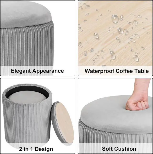 Alt view image 5 of 6 - CAROLMADE Set of 2 Round Ottoman with Storage, Upholstered Vanity Stool Support 300lbs Multifunctional Coffee Table Ottoman Velvet Foot Rest Stool or Living Room Bedroom (Grey)