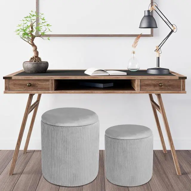 Alt view image 4 of 6 - CAROLMADE Set of 2 Round Ottoman with Storage, Upholstered Vanity Stool Support 300lbs Multifunctional Coffee Table Ottoman Velvet Foot Rest Stool or Living Room Bedroom (Grey)