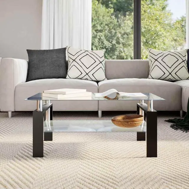 Alt view image 4 of 7 - vidaXL Coffee Table with Grey Melamine Frame and Tempered Glass Top, Side Table for Living Room, 37.4''x21.7''x15.7'', Grey and Transparent