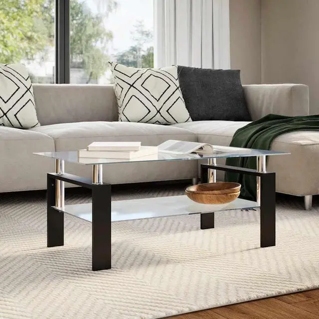 Alt view image 2 of 7 - vidaXL Coffee Table with Grey Melamine Frame and Tempered Glass Top, Side Table for Living Room, 37.4''x21.7''x15.7'', Grey and Transparent