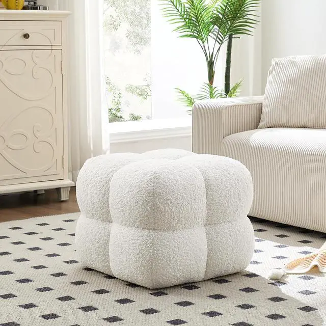 Main image of Square Ottoman Stool, Boucle Ottoman Coffee Table with with Full Coverage, Modern Vanity Stool, Upholstered Tufted Foot Rest Pouf for Bedroom, Living Room, Entryway, White