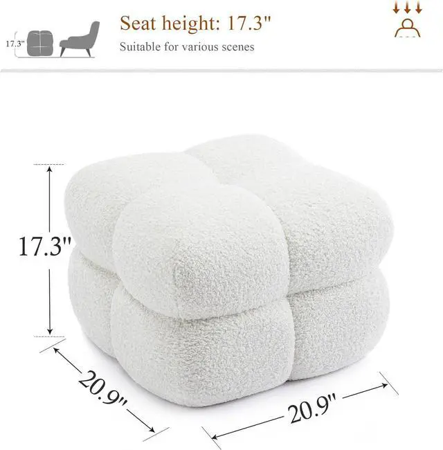 Alt view image 2 of 7 - Square Ottoman Stool, Boucle Ottoman Coffee Table with with Full Coverage, Modern Vanity Stool, Upholstered Tufted Foot Rest Pouf for Bedroom, Living Room, Entryway, White