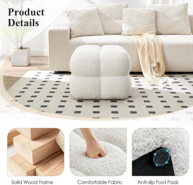 Alt view image 3 of 7 - Square Ottoman Stool, Boucle Ottoman Coffee Table with with Full Coverage, Modern Vanity Stool, Upholstered Tufted Foot Rest Pouf for Bedroom, Living Room, Entryway, White