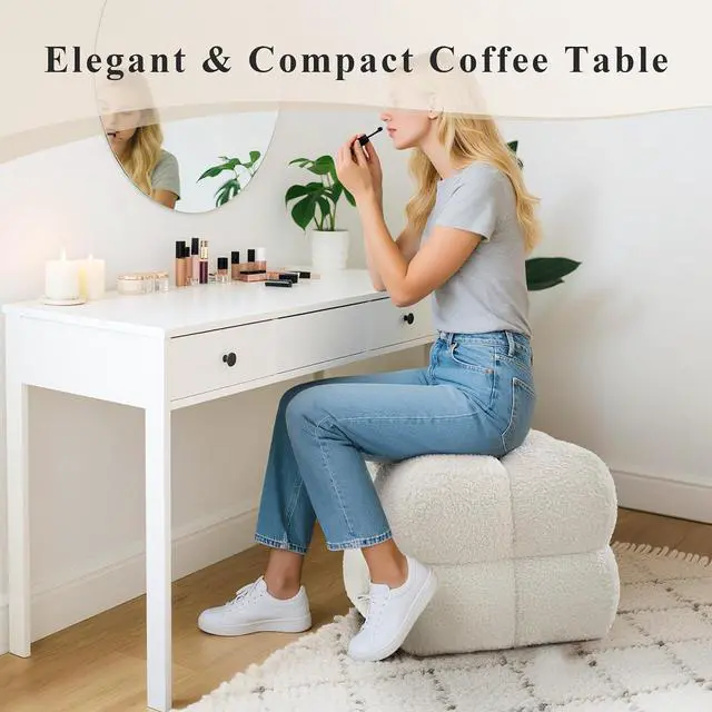 Alt view image 6 of 7 - Square Ottoman Stool, Boucle Ottoman Coffee Table with with Full Coverage, Modern Vanity Stool, Upholstered Tufted Foot Rest Pouf for Bedroom, Living Room, Entryway, White