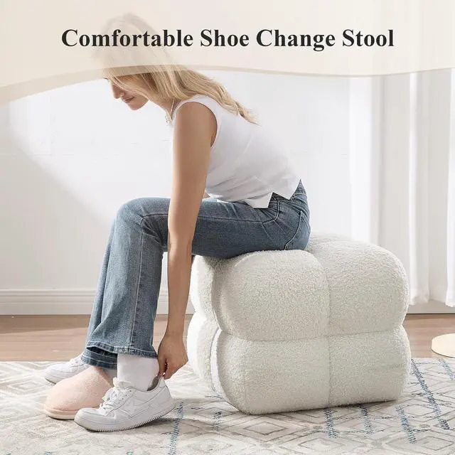 Alt view image 4 of 7 - Square Ottoman Stool, Boucle Ottoman Coffee Table with with Full Coverage, Modern Vanity Stool, Upholstered Tufted Foot Rest Pouf for Bedroom, Living Room, Entryway, White