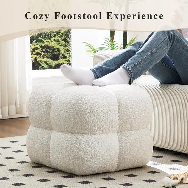 Alt view image 5 of 7 - Square Ottoman Stool, Boucle Ottoman Coffee Table with with Full Coverage, Modern Vanity Stool, Upholstered Tufted Foot Rest Pouf for Bedroom, Living Room, Entryway, White