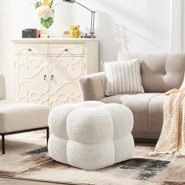 Alt view image 7 of 7 - Square Ottoman Stool, Boucle Ottoman Coffee Table with with Full Coverage, Modern Vanity Stool, Upholstered Tufted Foot Rest Pouf for Bedroom, Living Room, Entryway, White