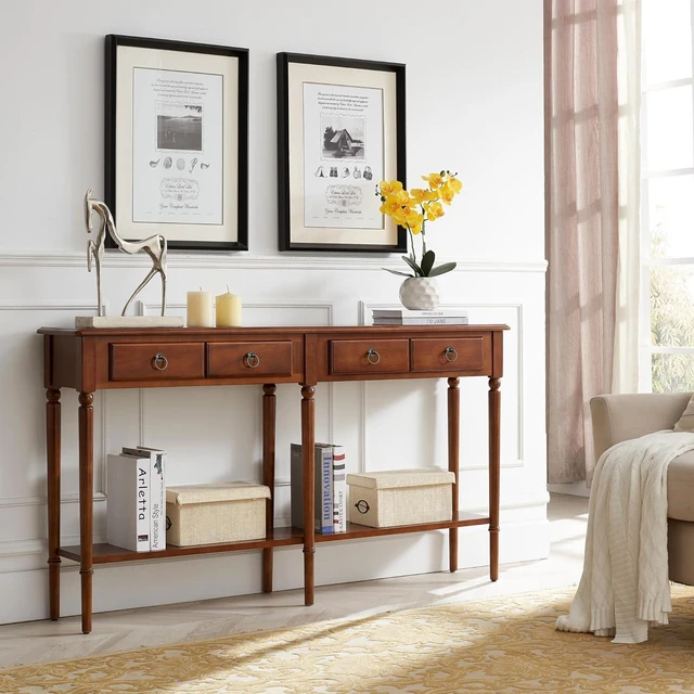 Alt view image 2 of 7 - Leick Home Coastal Solid Wood Console Table with Shelf and Drawers, Rich Pecan Brown, Perfect for Entryways, Hallways, and Living Rooms, 20028-PC